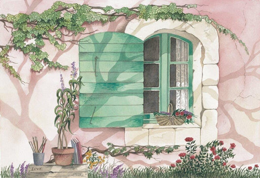 A charming illustration of a quaint window with a green shutter, set against a pink wall adorned with lush greenery and vibrant flowers. The window is open, revealing a basket of flowers and a potted plant on the windowsill. The scene is further enhanced by the presence of a sign that reads "LOVE" in the lower left corner.