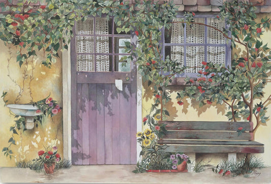 a charming, colorful scene featuring a purple door, a wooden bench, and a window adorned with a curtain and flowers. The door is set against a yellow wall, and the bench is positioned in front of the window, creating a welcoming and inviting atmosphere.