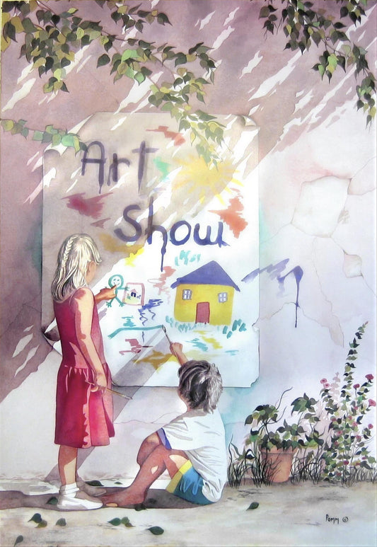 Two children are engaged in an art activity, with one child painting a picture on a canvas while the other watches and holds a paintbrush.