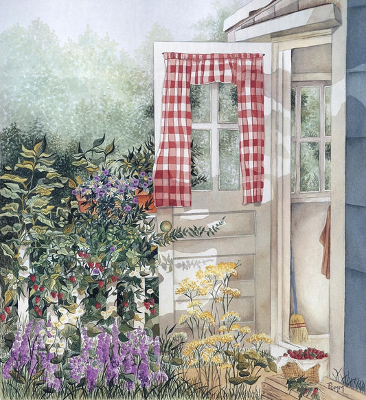 A watercolor painting depicting a garden scene with a white door, a red and white checkered curtain, and a variety of colorful flowers and plants surrounding the door.