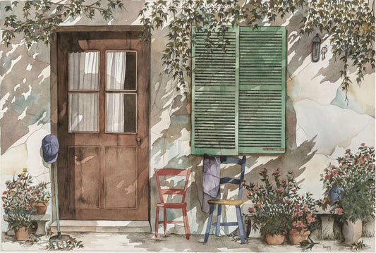 a quaint outdoor scene with a wooden door, a green shutter, and a red chair. The door is set into a stone wall, and there are potted plants and flowers surrounding the area.