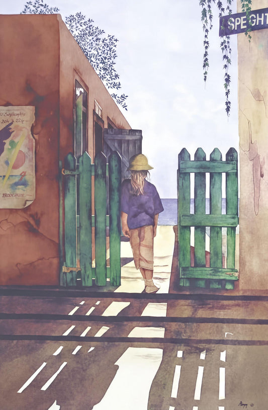A person in a purple shirt and hat is walking through a green wooden gate, with a sign reading "SPECHT" visible in the background.