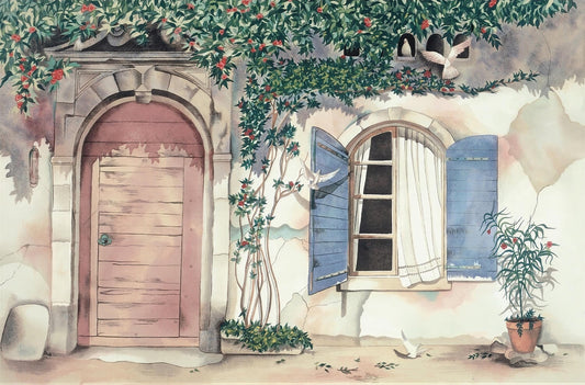 a quaint, old-fashioned house with a red door, blue shutters, and a window with a white curtain. The house is surrounded by lush greenery, including a tree and a potted plant, and a bird is captured in mid-flight above the house.
