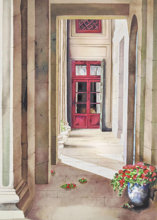 a hallway with a red door and a window above it, flanked by two columns. The hallway is lined with potted plants, and the floor is made of stone.