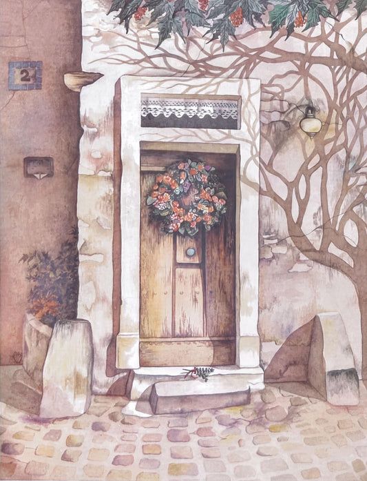 a quaint, rustic scene featuring a wooden door with a wreath hanging above it, set in a stone wall. The door is flanked by two stone planters, and a stone bench is situated in front of the door. The overall color palette is muted, with shades of brown, beige, and gray creating a warm and inviting atmosphere.