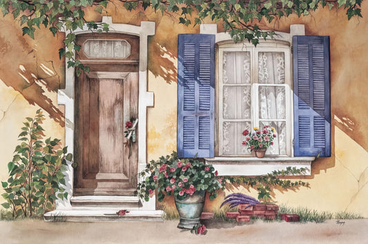 a charming house with a wooden door, blue shutters, and a window adorned with flowers. The house is surrounded by lush greenery, including a potted plant and a tree. The scene is captured in a watercolor painting, showcasing the beauty of the house and its surroundings.