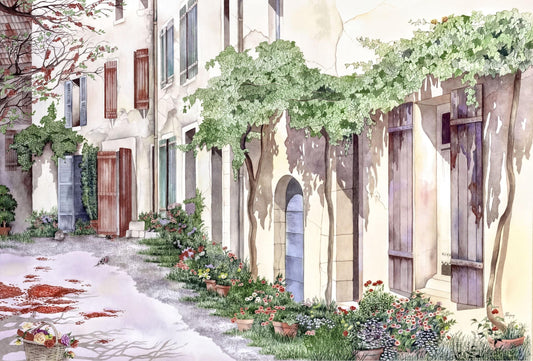 a charming European street lined with colorful flowers, lush greenery, and quaint wooden shutters.
