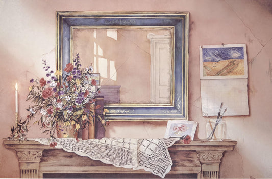 a wooden mantle with a vase of flowers, a framed painting, a candle, and a mirror. The vase is filled with various flowers, and the painting is hung above the mantle. The candle is placed on the mantle, and the mirror reflects the surrounding area.