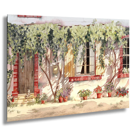 A watercolor painting depicting a charming house with a red door, a wooden staircase, and a lush green vine covering the windows. The house is surrounded by a variety of potted plants and flowers, creating a vibrant and inviting atmosphere.