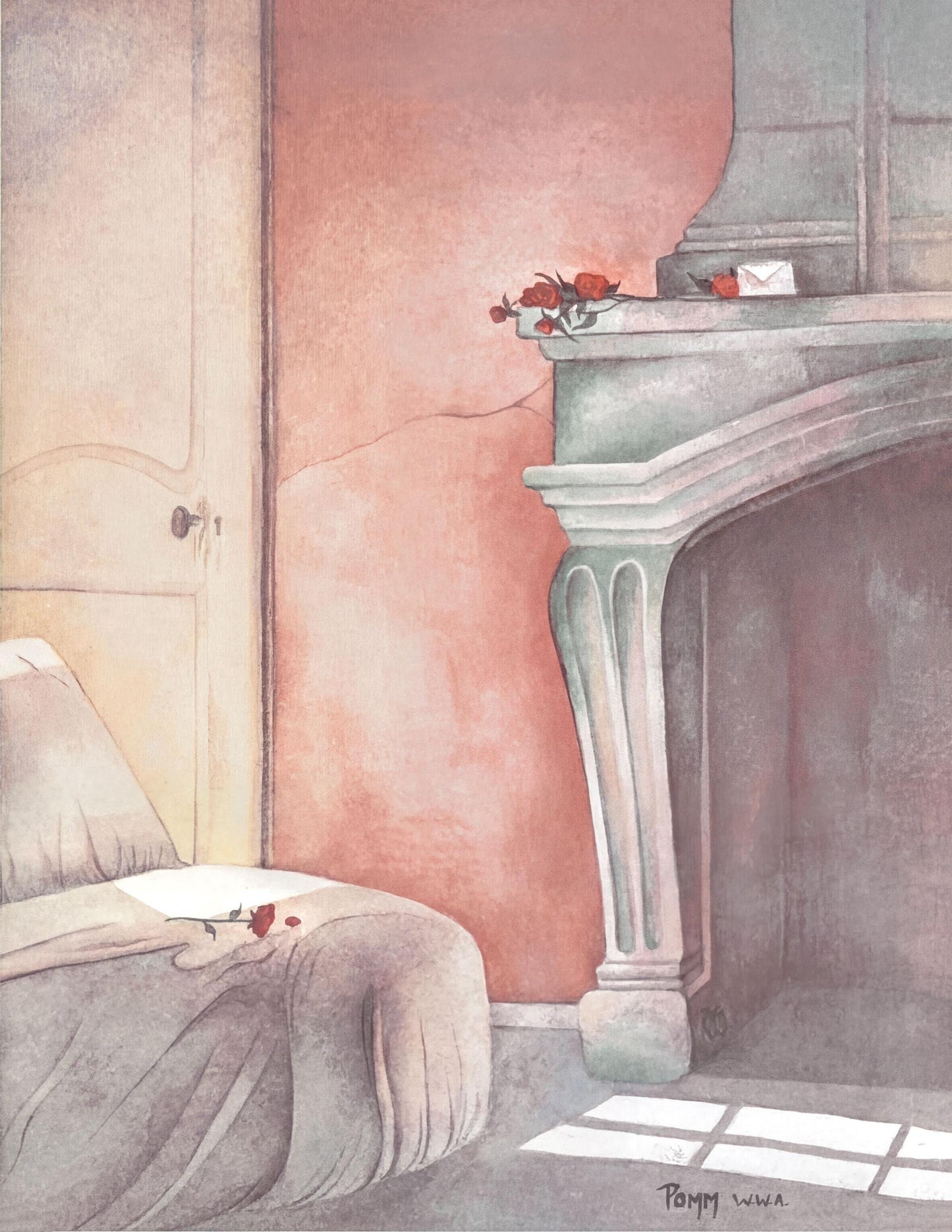 a cozy bedroom scene with a fireplace, a bed, and a vase of flowers on the mantel.