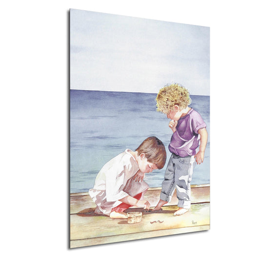 Two children playing on a wooden dock by the ocean, one sitting and the other standing.