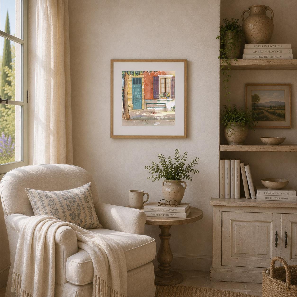 a cozy living room with a white armchair, a wooden side table, and a framed painting of a colorful building. The room is decorated with potted plants, books, and other decorative items, creating a warm and inviting atmosphere.