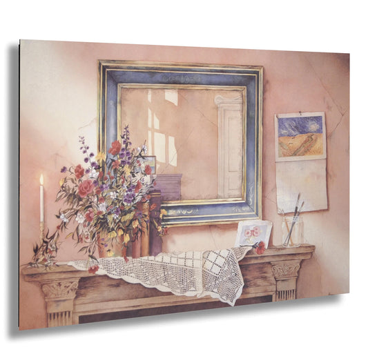 a cozy and inviting room with a wooden mantelpiece, a mirror, and a vase filled with colorful flowers. The room has a warm and homely atmosphere, with a lace doily on the mantelpiece and a painting hanging on the wall.