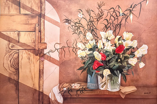 A vase filled with white and red flowers sits on a wooden shelf, with a wooden door and a window in the background.