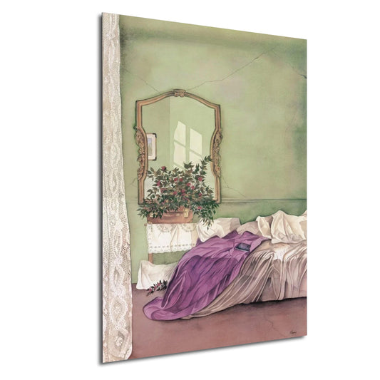 a bedroom scene with a bed, a mirror, and a plant on a shelf.