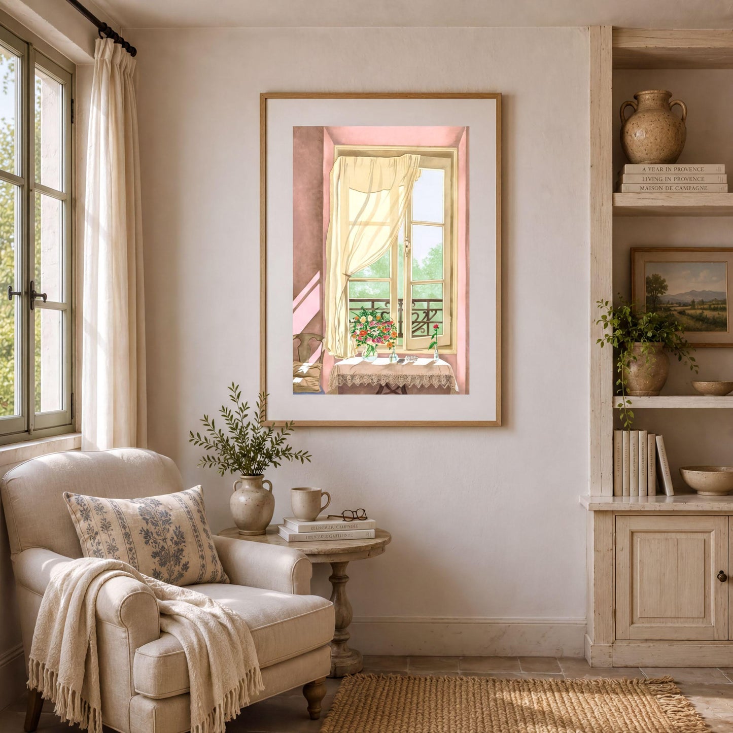 a cozy living room with a large window, a framed painting of a garden scene, a comfortable armchair, a side table with a vase of flowers, and a bookshelf with books and decorative items.