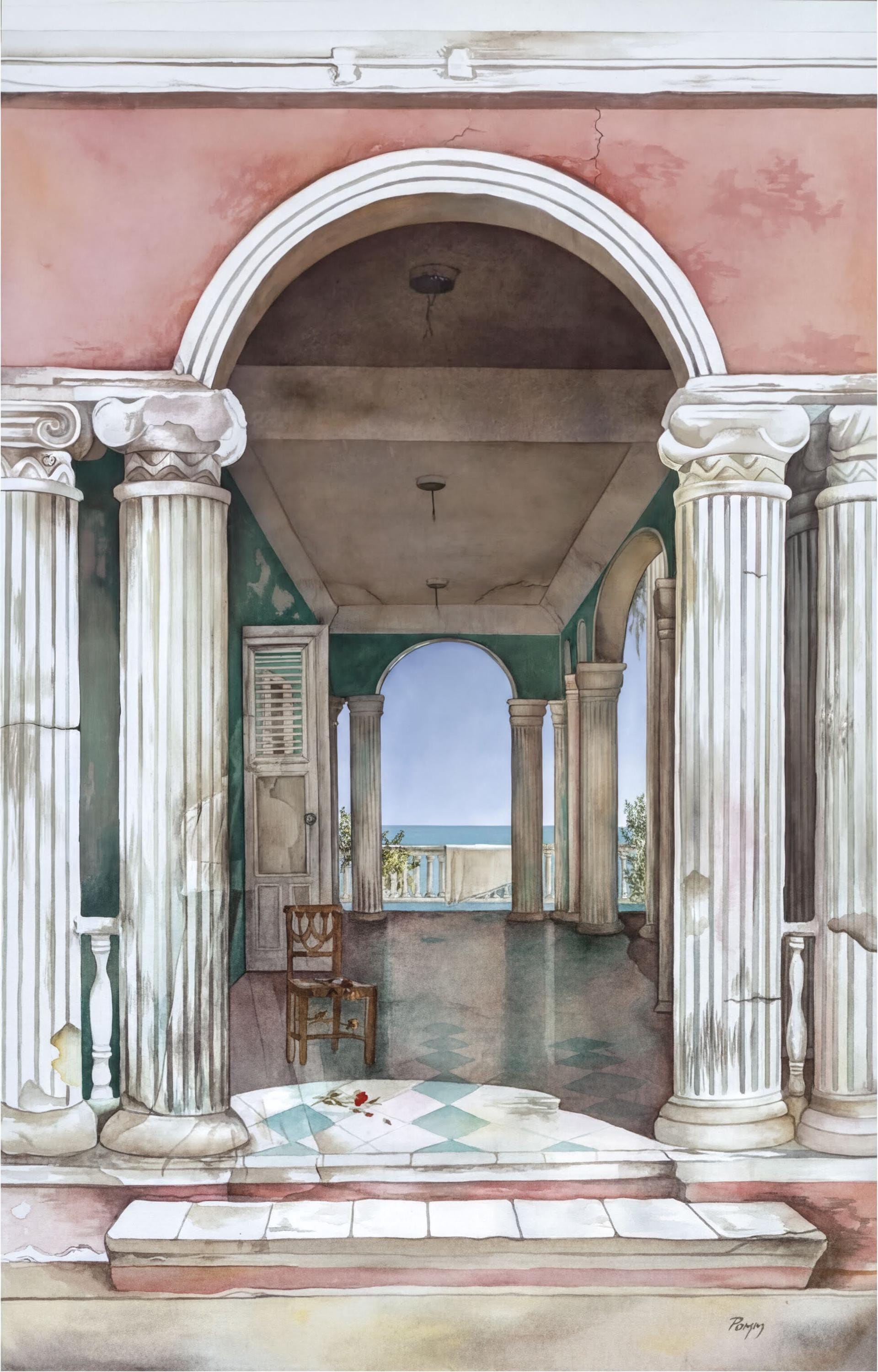 a grand, classical-style building with a series of arched doorways and columns, leading to a balcony or terrace overlooking the ocean.