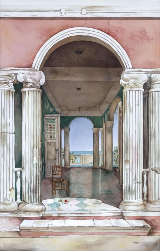 a grand, classical-style building with a series of arched doorways and columns, leading to a balcony or terrace overlooking the ocean.
