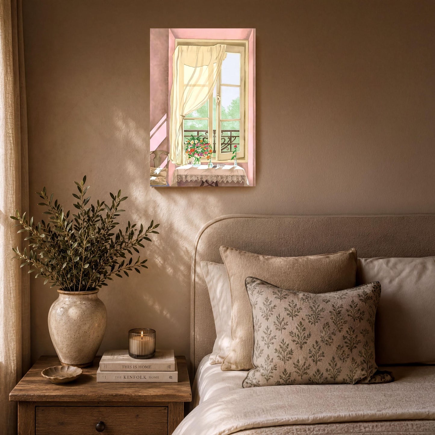 a cozy bedroom scene with a bed, a nightstand, and a painting of a window with a flower-filled sill.