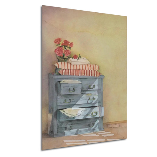 A vintage-style painting depicting a wooden dresser with a vase of red roses, a striped towel, and a folded blanket on top.