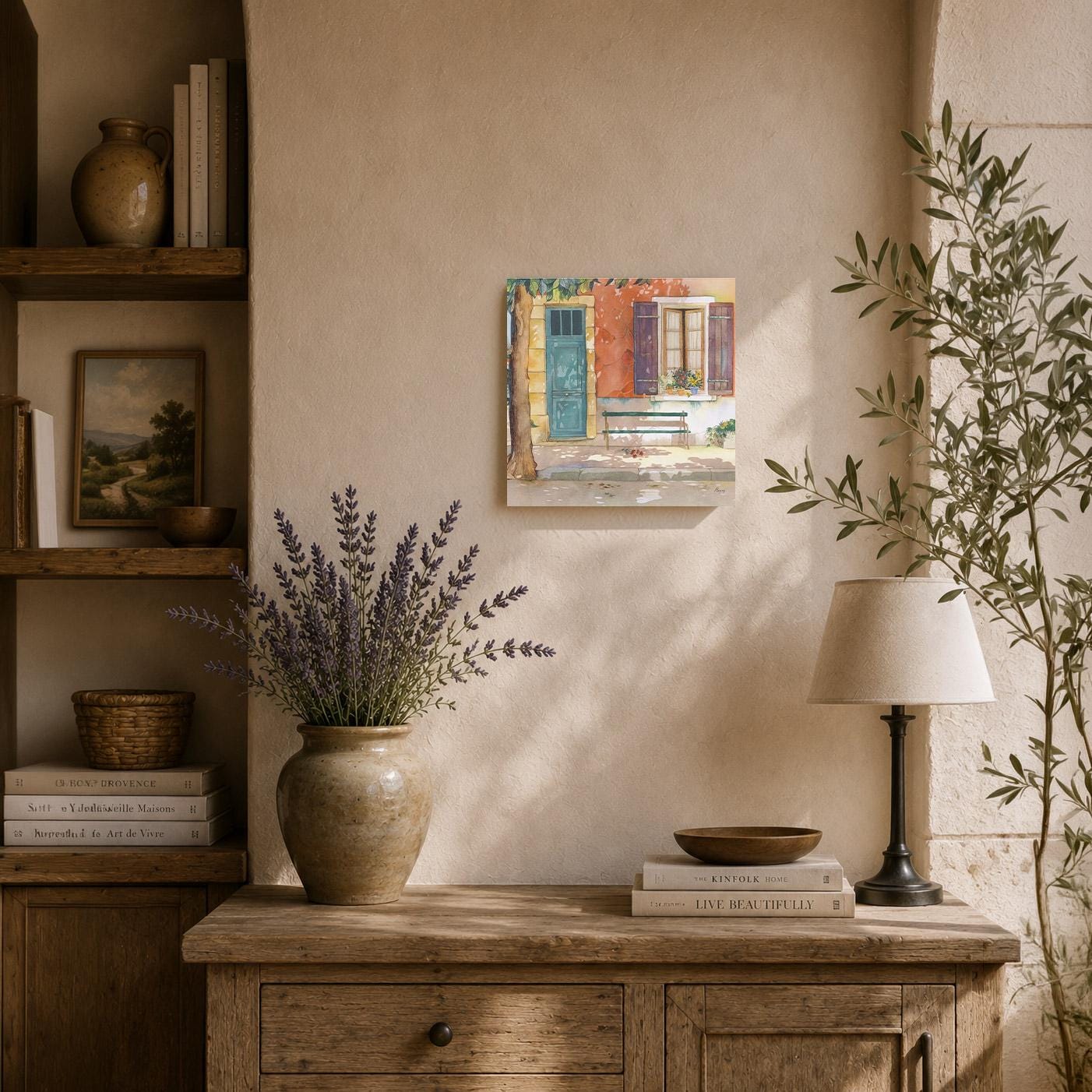 a cozy living room with a wooden cabinet, a vase of purple flowers, a lamp, and a painting of a building. The room has a warm and inviting atmosphere, with natural light streaming in from the window.