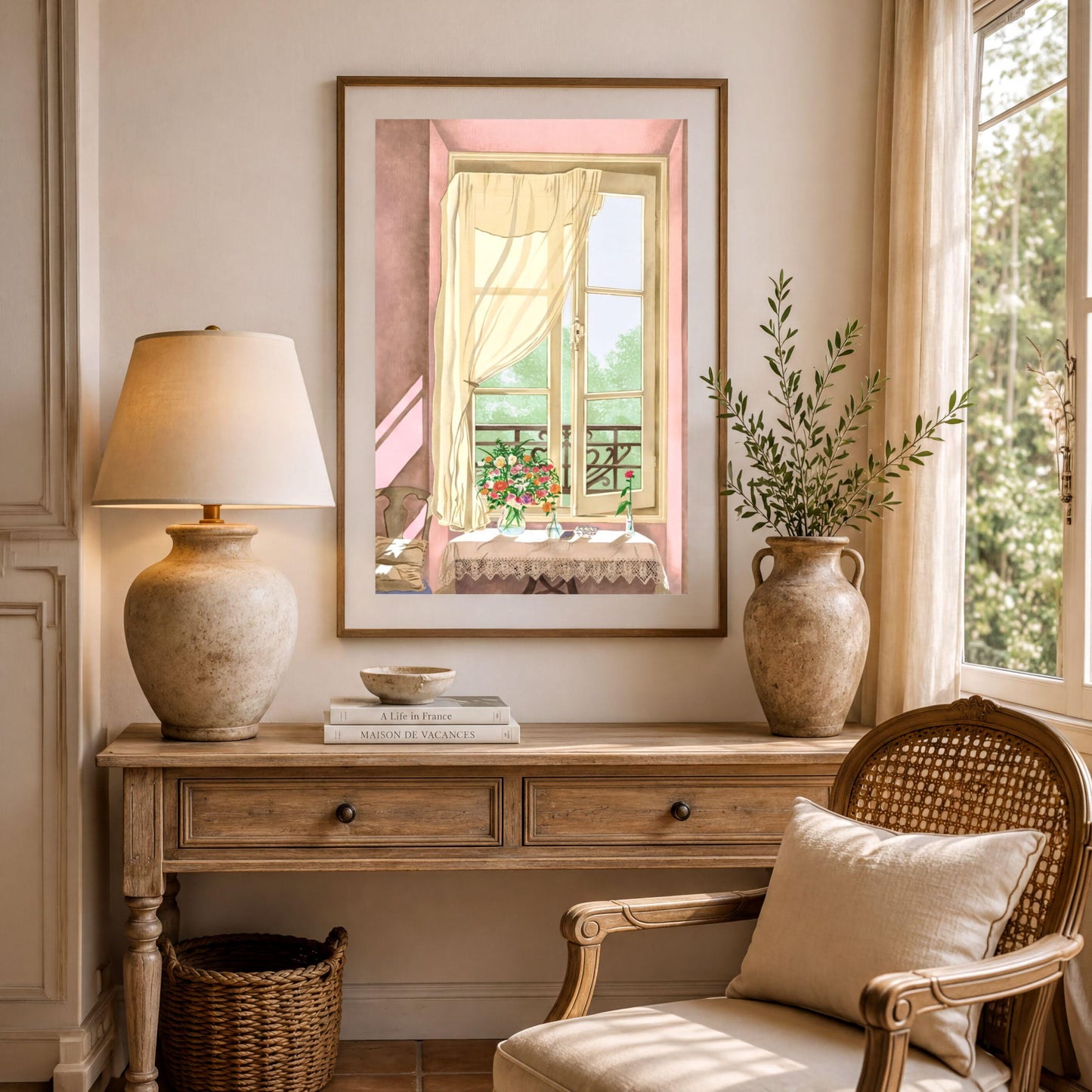 a cozy living room with a wooden table, a lamp, a woven chair, and a framed painting of a window overlooking a balcony.