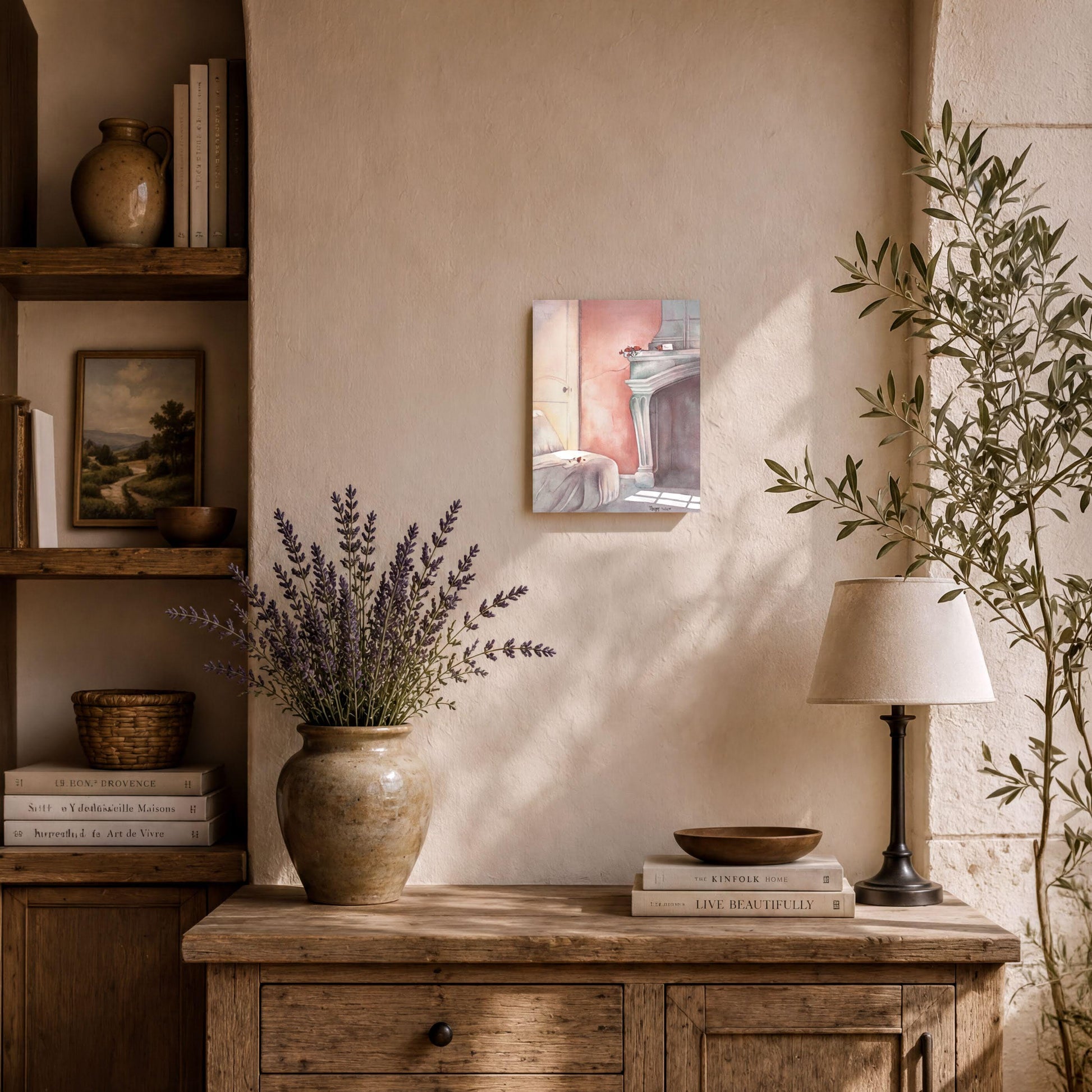 a cozy living room with a wooden cabinet, a lamp, a vase of lavender, and a framed painting on the wall.