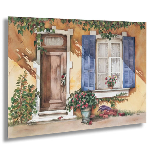a charming house with a wooden door, blue shutters, and a window adorned with flowers. The house is surrounded by lush greenery, creating a serene and inviting atmosphere.
