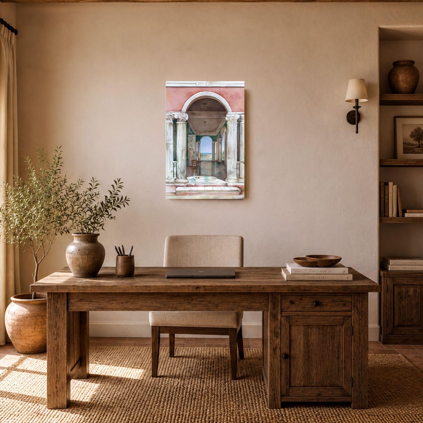 a serene and well-organized home office with a wooden desk, a comfortable chair, and a potted plant. The room has a neutral color palette, with a large window providing natural light and a painting on the wall adding an artistic touch.