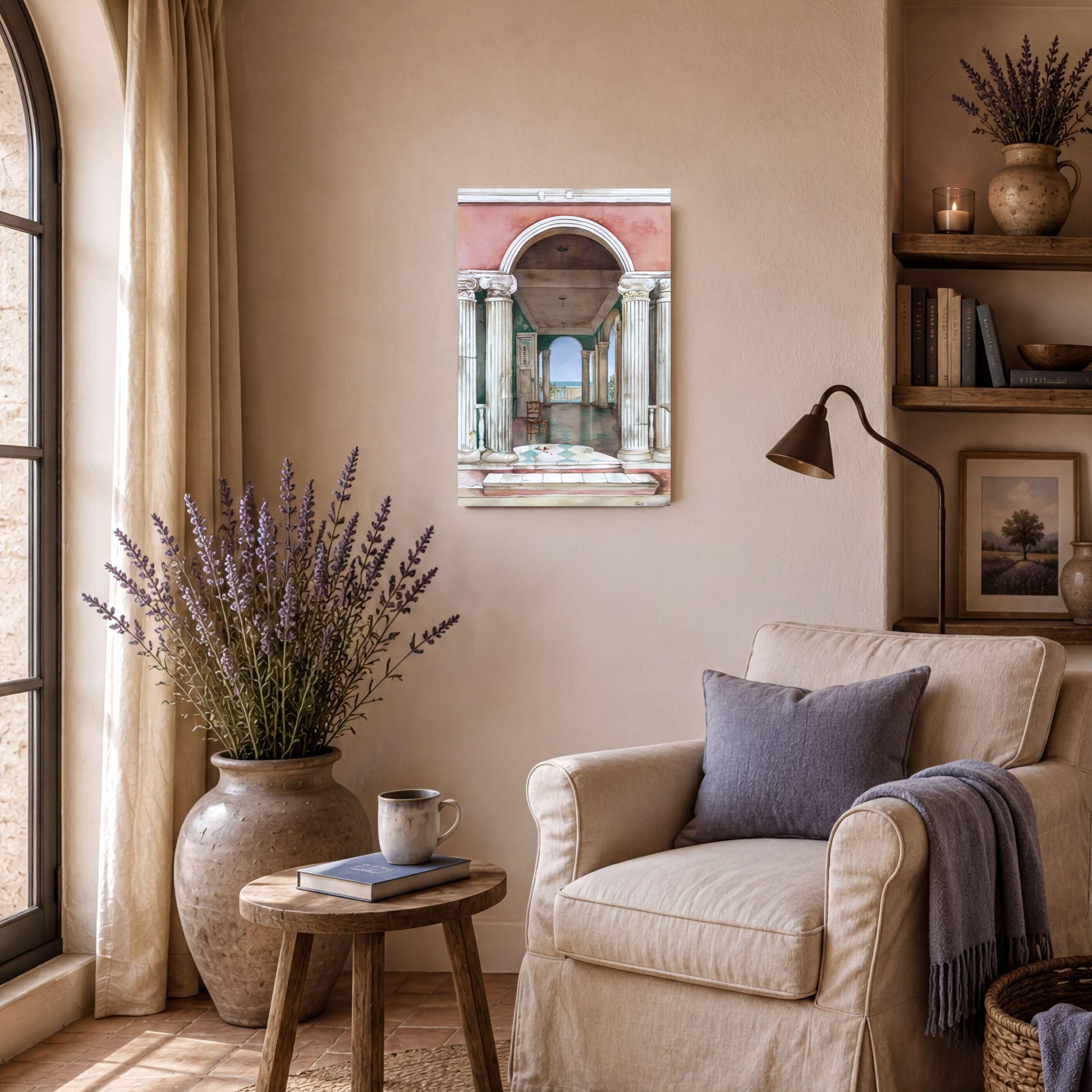 a cozy living room with a beige armchair, a wooden side table, and a large vase filled with purple flowers. A framed picture of a building with columns is hanging on the wall, and a lamp is placed on a nearby shelf.