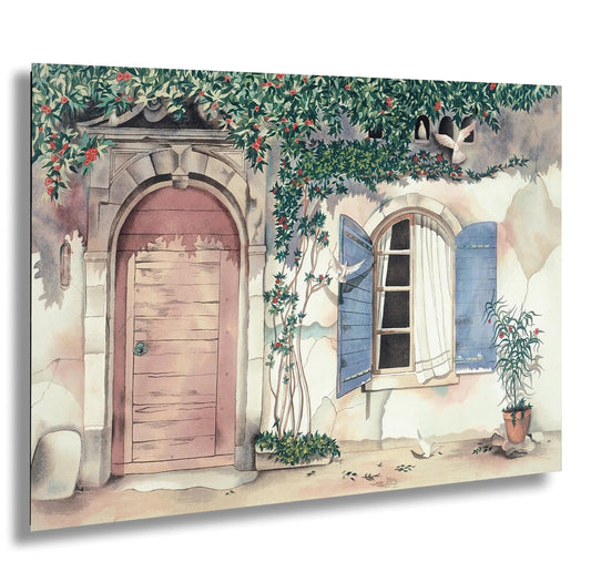 a charming European-style building with a wooden door, arched windows, and a stone archway. The building is surrounded by lush greenery, including a tree with red berries and a bird perched on a branch. The scene is captured in a watercolor painting style, with a harmonious color palette of greens, blues, and pinks.