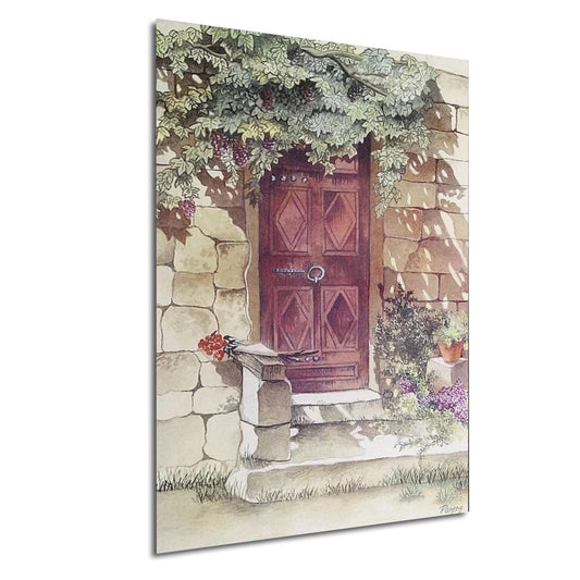 a charming wooden door set into a stone wall, with a lush green vine climbing up the wall and a stone bench nearby. The door has a decorative design with diamond patterns, and a small flower arrangement is placed on the bench.