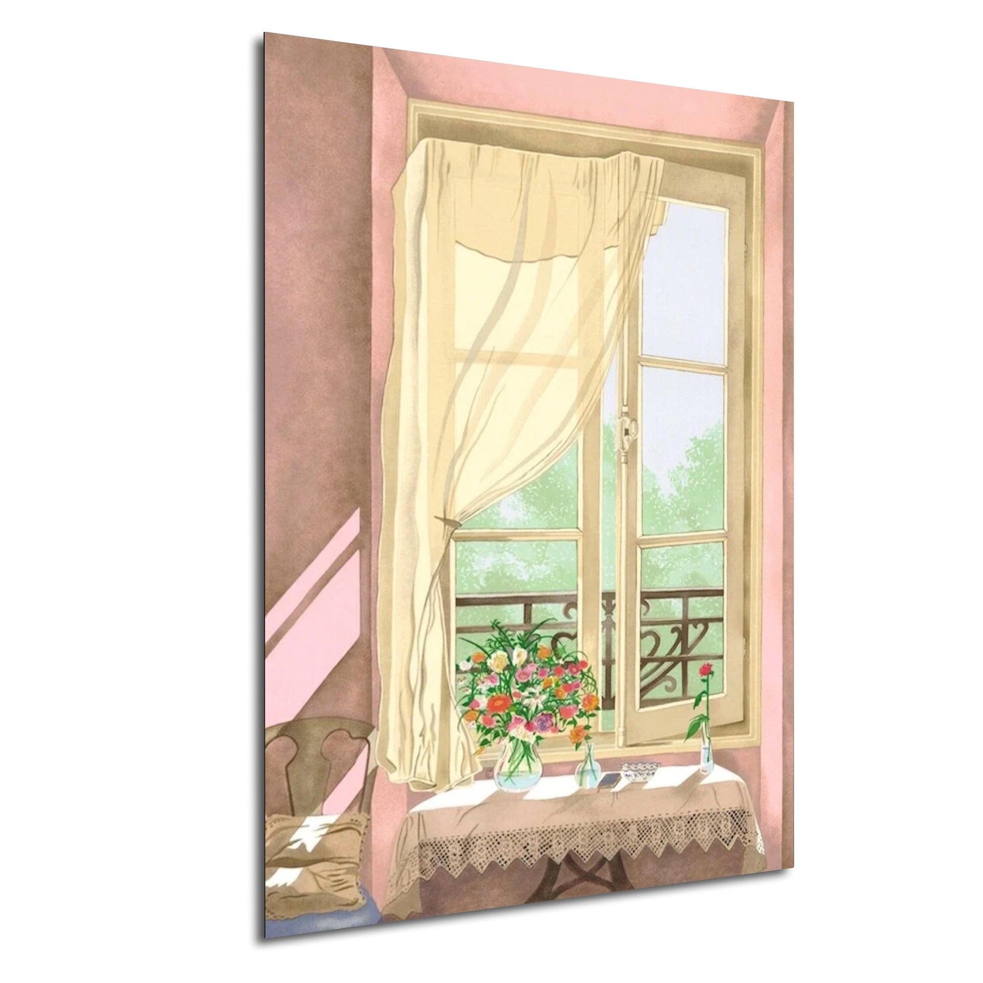 a cozy and inviting interior scene, featuring a window with a curtain, a table with a vase of flowers, and a chair.