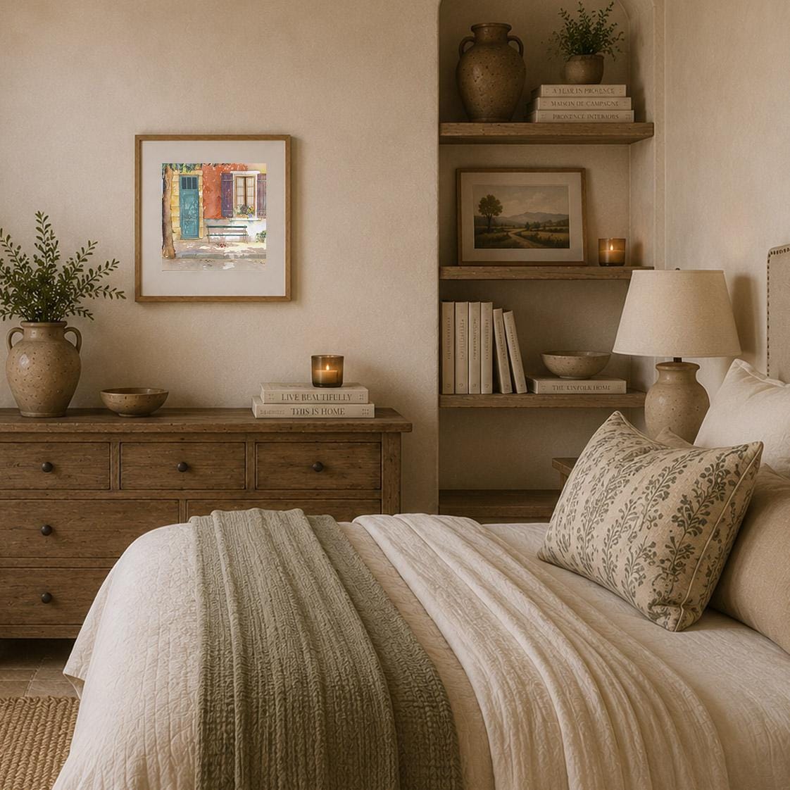 a cozy and inviting bedroom with a large bed, wooden furniture, and various decorative elements such as books, vases, and a painting on the wall.