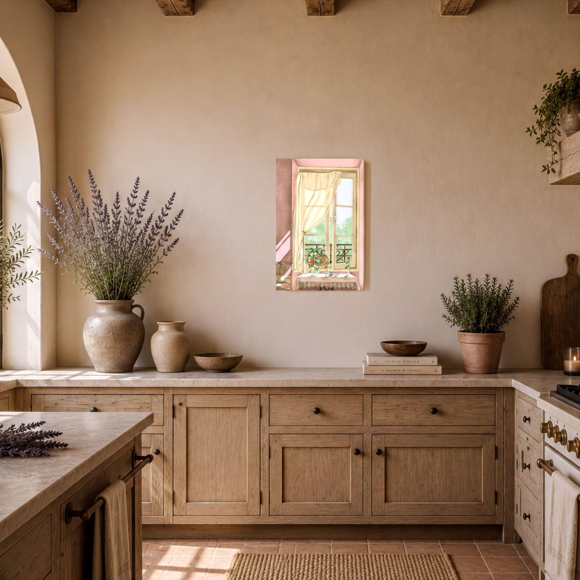 a cozy and well-decorated kitchen with wooden cabinets, a countertop, and various decorative elements such as potted plants, vases, and a framed picture.