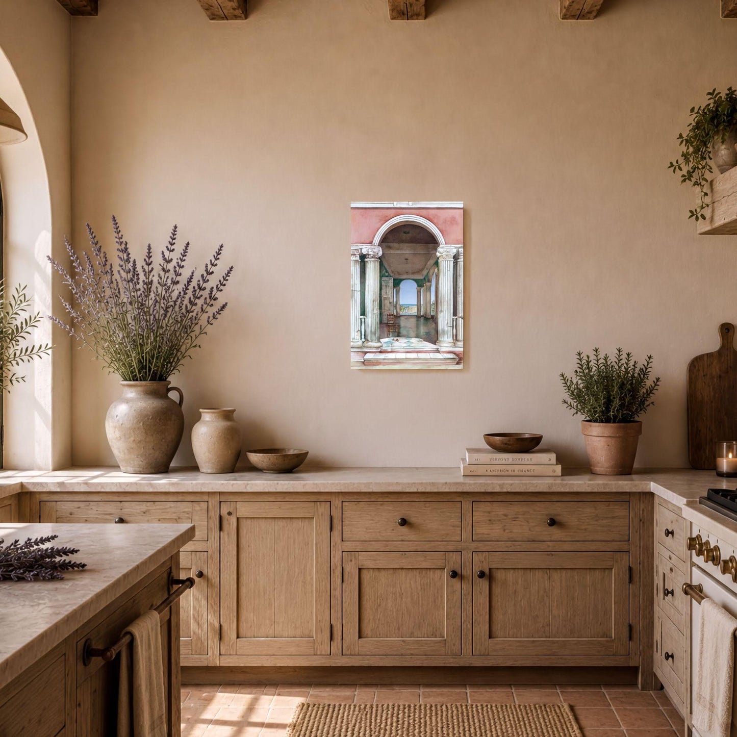 a cozy kitchen with wooden cabinets, a countertop, and various decorative elements such as potted plants, vases, and a framed picture.
