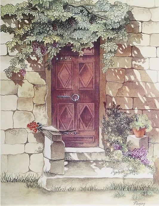 a rustic wooden door set into a stone wall, with a lush green vine climbing up the wall and a stone bench in front of the door. The door has a metal handle and a small flower pot on the steps.