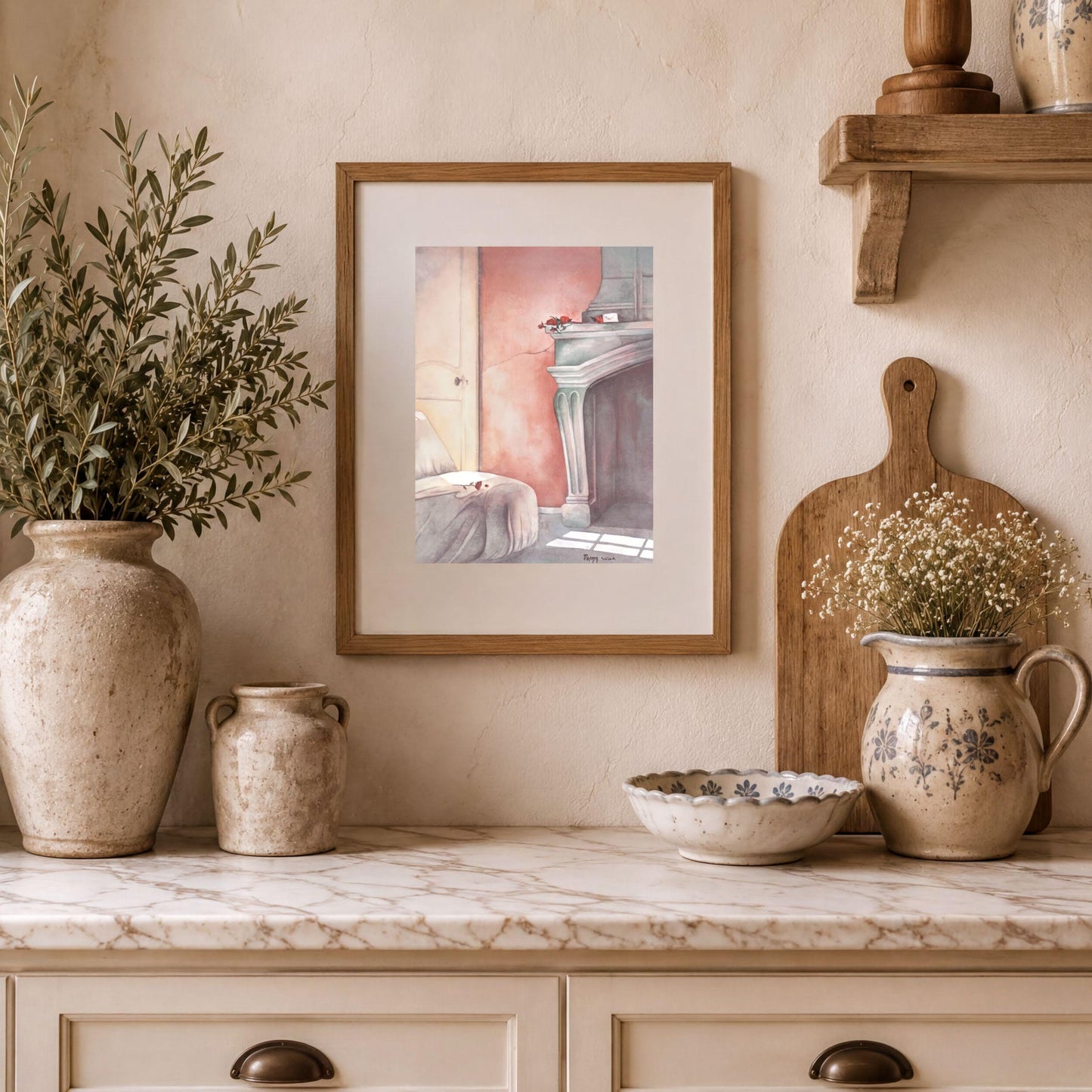 a framed painting of a cozy living room scene, with a fireplace, a vase of flowers, and a wooden shelf displaying various decorative items.