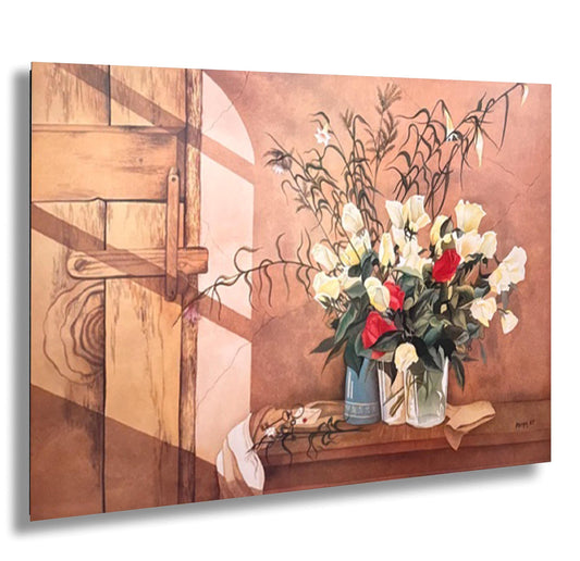 A painting depicting a vase of white and red roses on a wooden shelf, with a wooden door and window in the background.