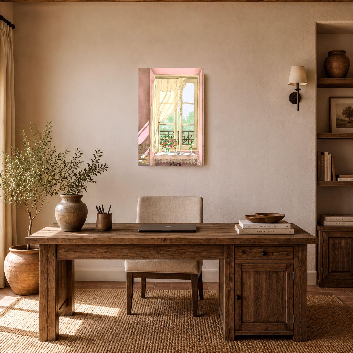 a serene and cozy workspace with a wooden desk, a comfortable chair, and a potted plant. A framed picture of a window with a pink frame hangs on the wall above the desk, adding a touch of color and natural light to the room.