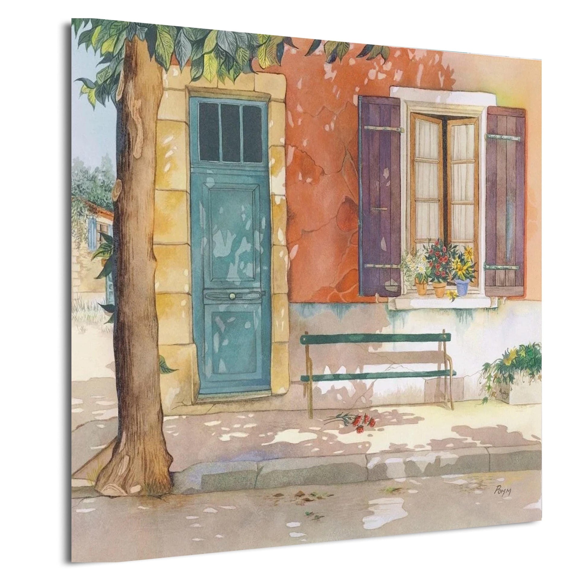 a quaint street scene with a colorful building, a green door, a bench, and a tree.