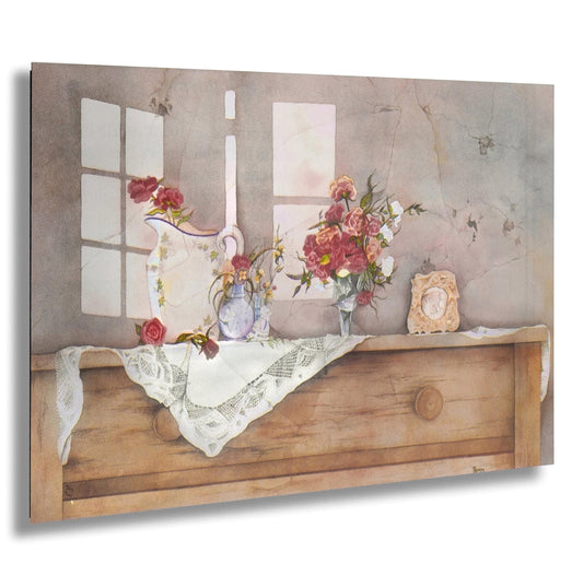 A painting depicting a wooden dresser with a lace tablecloth, a vase of flowers, and a clock on the wall.