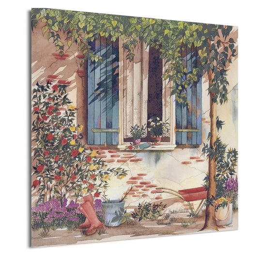 The image is a watercolor painting depicting a charming outdoor scene with a window, plants, and a bench.