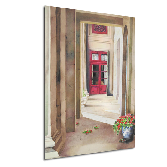 a hallway with a red door and a window, leading to a doorway with a red frame. The hallway is lined with columns and has a potted plant on the floor.