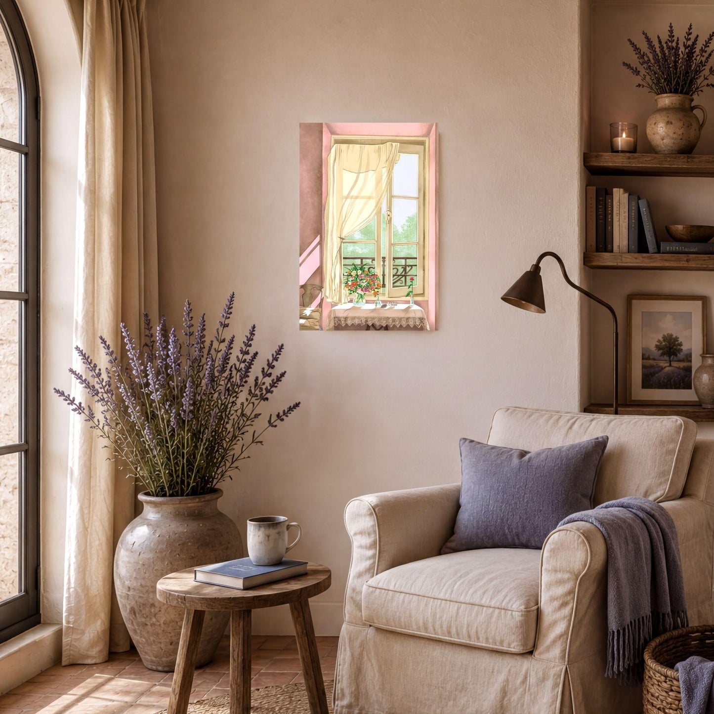 a cozy living room with a large window, a comfortable armchair, a wooden side table, and a vase of purple flowers. The room has a warm and inviting atmosphere, with a painting of a window and a lamp providing a touch of elegance.