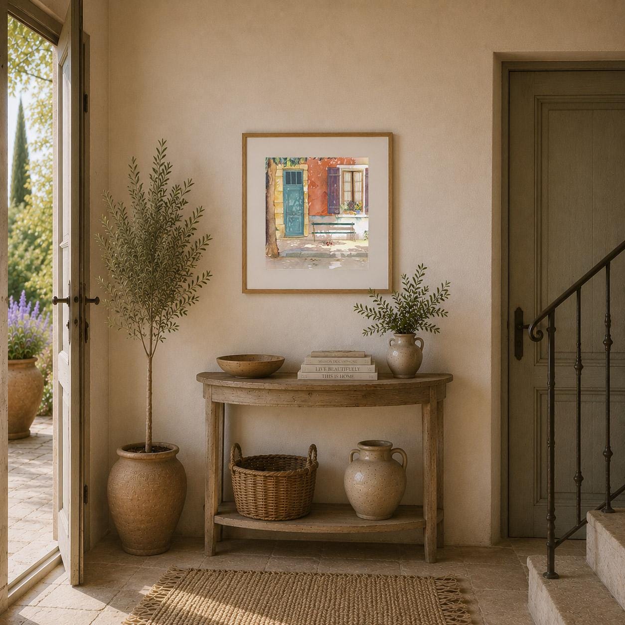a cozy entryway with a wooden console table, a painting on the wall, and various decorative elements such as potted plants and vases.
