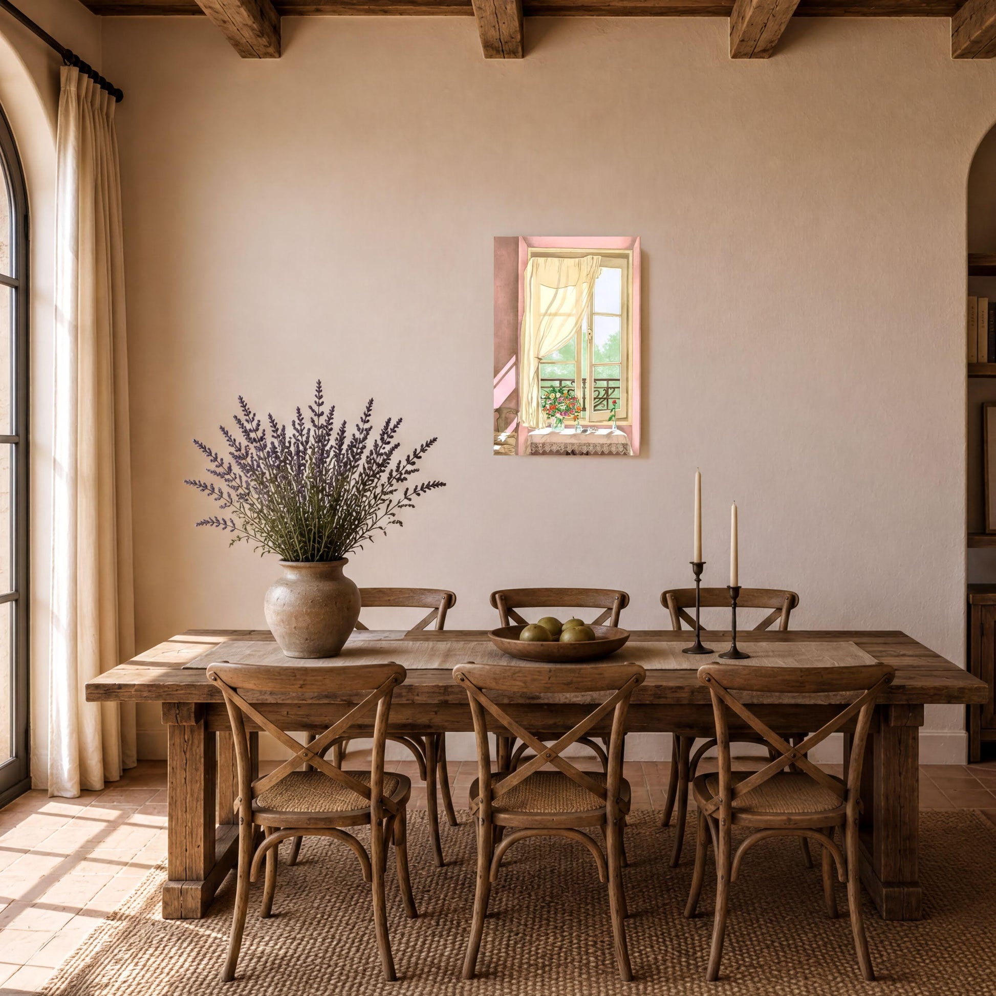 a cozy dining room with a wooden table and chairs, a vase of purple flowers, and a framed picture on the wall.
