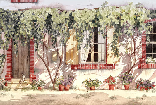 A watercolor painting depicting a charming house with a lush garden, featuring a variety of potted plants and flowers.
