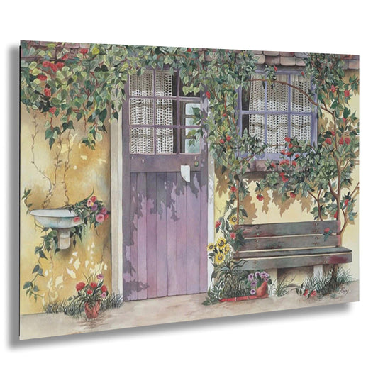a charming house with a purple door, a bench, and a sink, all surrounded by lush greenery and vibrant flowers.