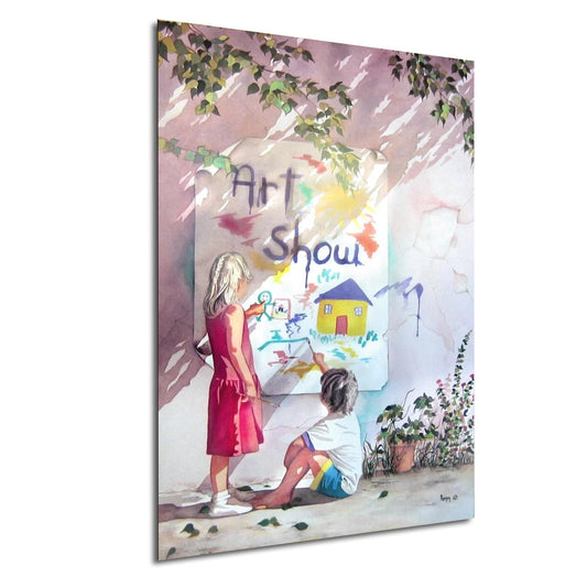Two children are drawing on a wall, with one child holding a piece of paper and the other child holding a pencil.